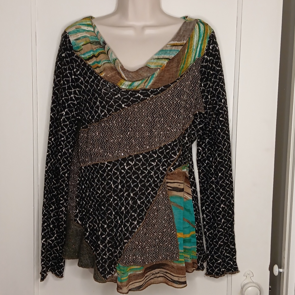 FERATELLI Sweater Women's Size Medium Mixed Media Patchwork Lagenlook Artsy